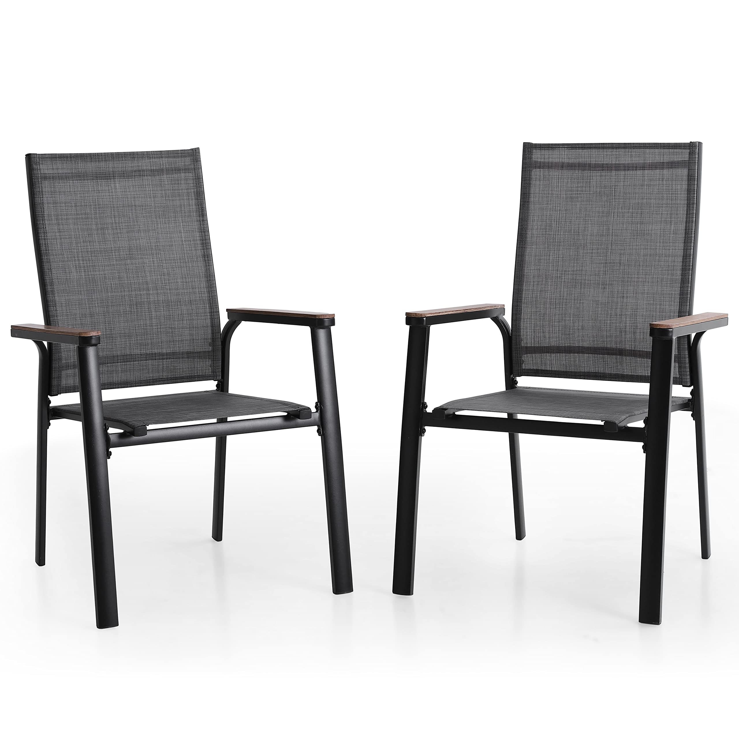 MFSTUDIO Gartenstuhl 2er Set Aluminium, Textilene Balkon Stühle Stapelbar mit Handlauf mit Holzmaserung, Outdoor Sessel für Terrasse, Balkon, Veranda, Wetterfest