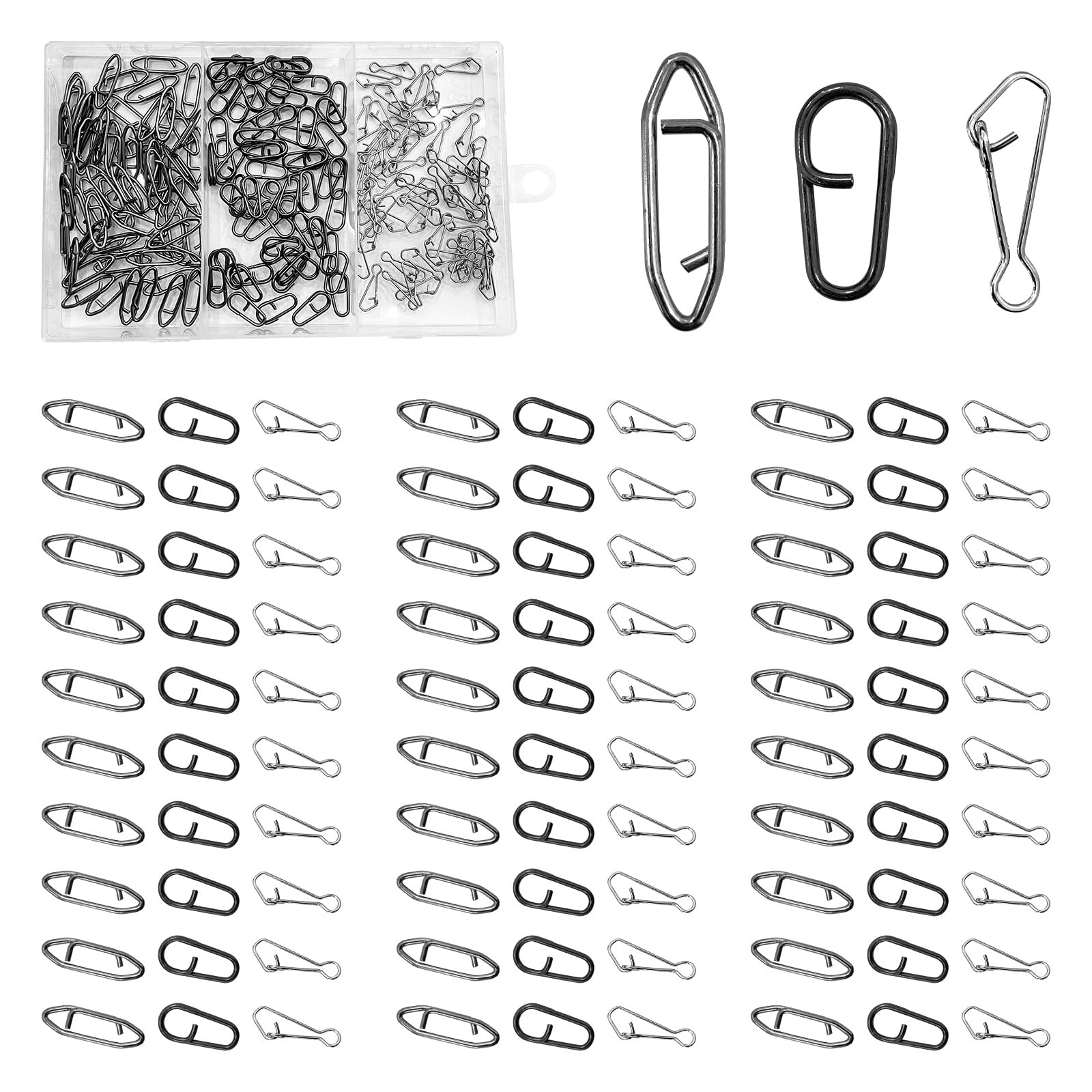 GLSJA 180Pcs Fishing Speed Clips, High Strength Fishing Snaps Fishing Power Speed Clips Stainless Steel Fishing Lure Connector Clip Kits for Fishing Lure Quick Change with Tackle Box