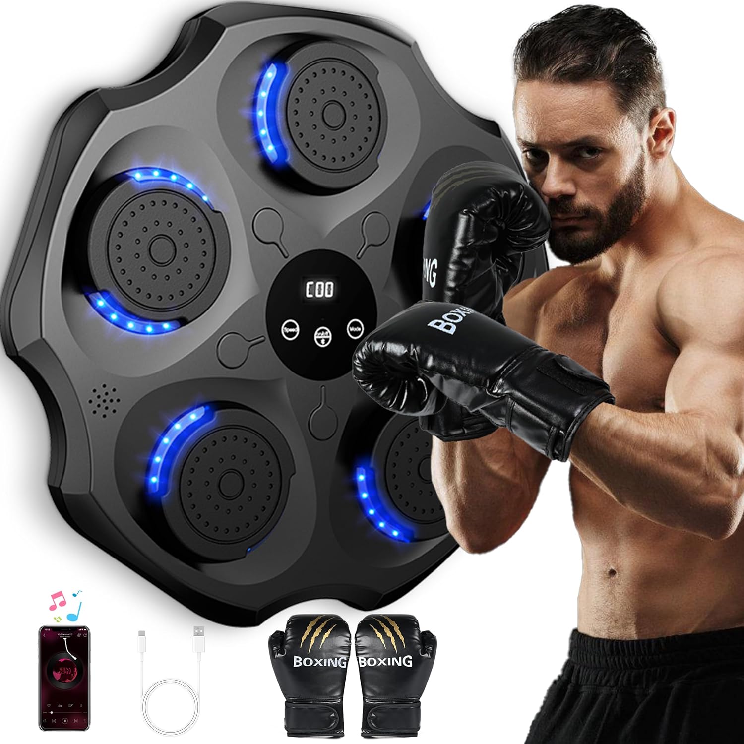 Jeu Physique Enfants Ados Machine De Boxe Musicale IERAKOR - 9 Vitesses, Bluetooth, LED - Avec Gants Pour Enfants Machine Boxe Musicale Bluetooth 9 Vitesses Lumières Led