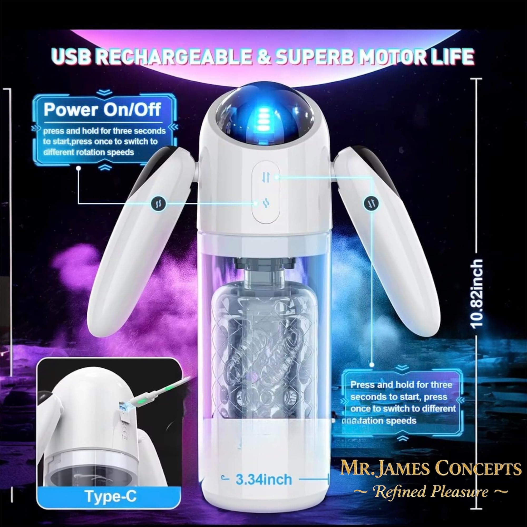 Mr. James Concepts – Thrust & Rotate – Next – Gen automatico Masturbatore maschile – Dual Entrance – ricaricabile USB – Ce – 7 LED modalità