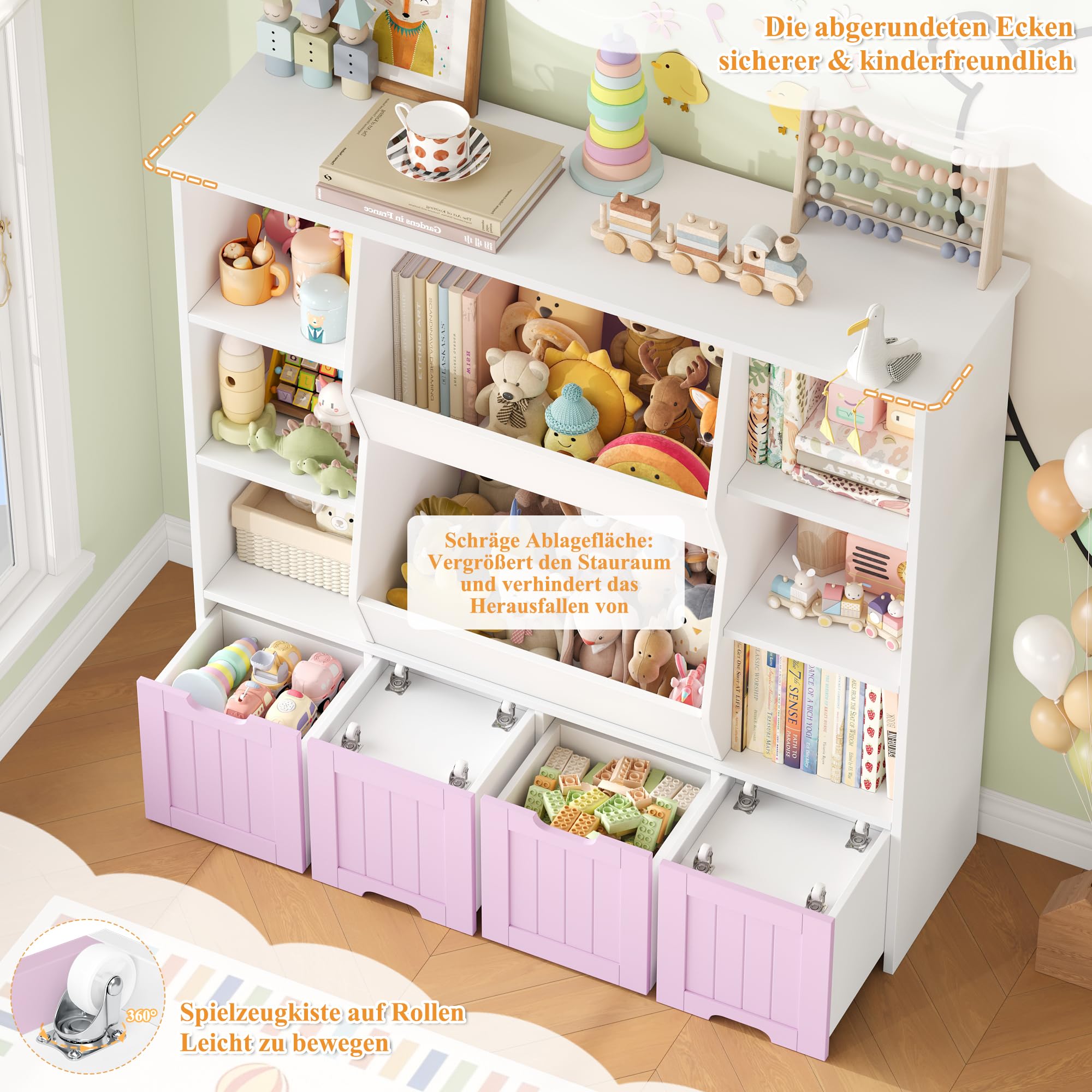 FOREHILL Regal FOREHILL Kinderregal Mit Boxen Auf Rollen – Bücher- Und Spielzeugschrank, 8 Fächer + 4 Schubladen, 124,5x35x118 Cm, Fliederton – Perfekt Für Puppen, Bücher & Co