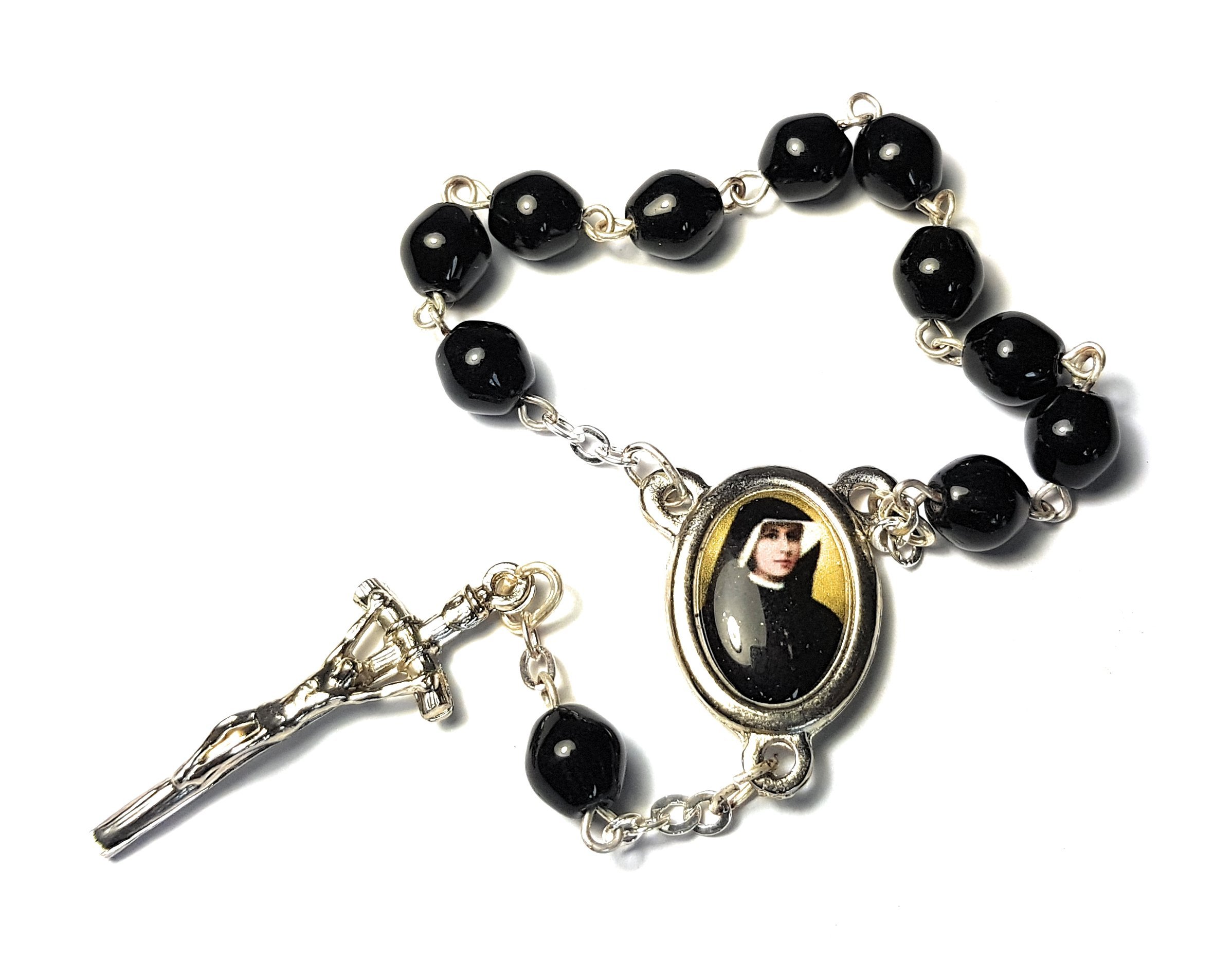 One Decade Glass Rosary 3rd Class relic Saint Faustina Kowalska Mystic and Visionary True Relic Apostle Divine of Mercy Jesus I Trust in You 3 O' Clock Prayer Polish Novena Lagiewniki (Black 1)