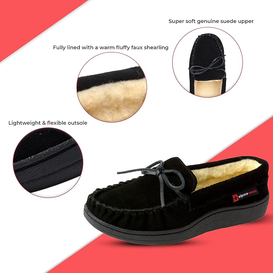 Amazon Alpine Swiss Sabine Womens Moccasin Slippers Genuine Suede House Shoe Memory Foam Insole Plush Faux Shearling Fur Indoor Outdoor Anti Slip Rubber Sole BLK 5 Slippers