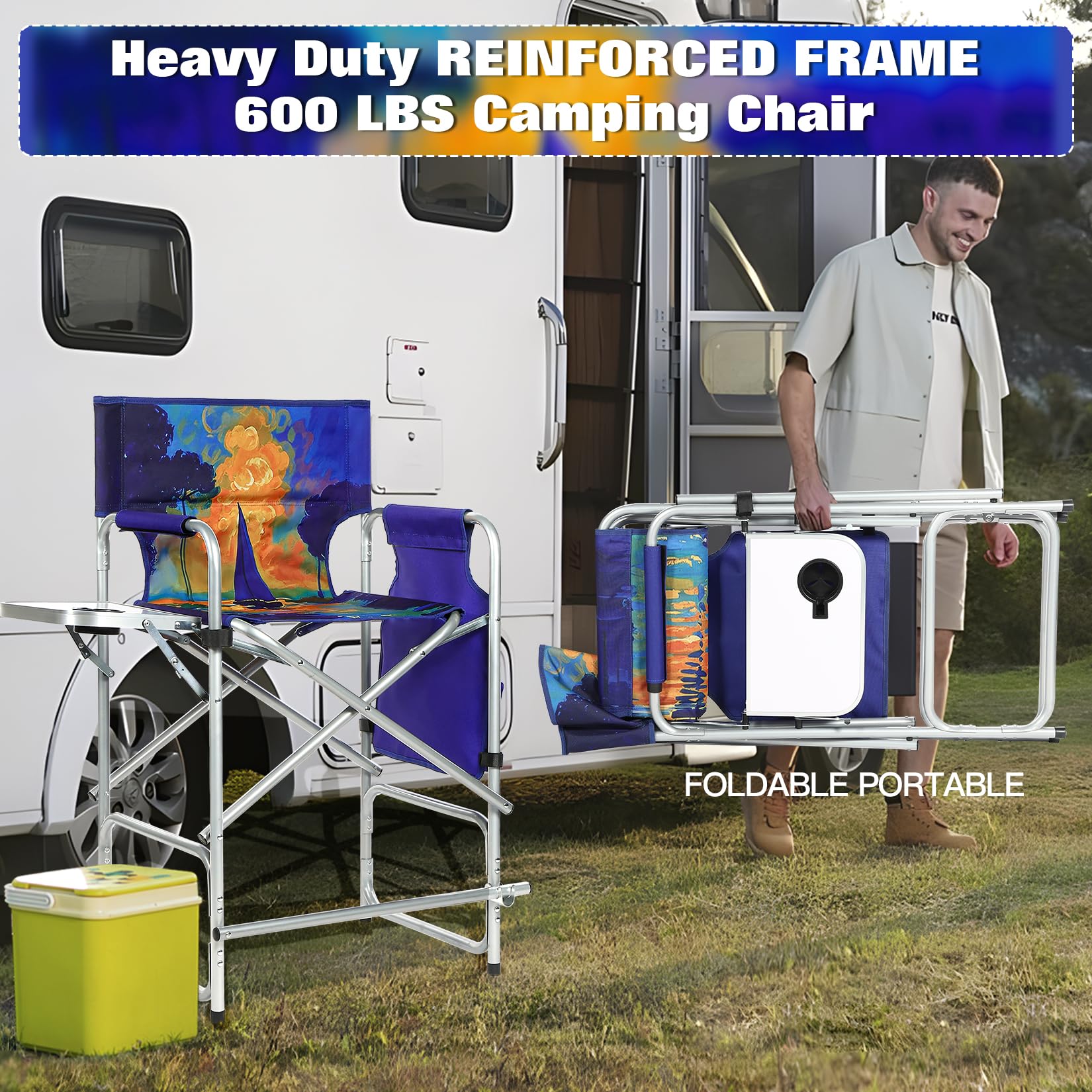 ZIXNEXKOO Makeup Chair for Makeup Artist 41'', Smooth Sailing 400 lbs Directors Chairs Foldable, Portable Makeup Artist Chair Bar Height with Table, Cup Holder, Storage Bag Footrest