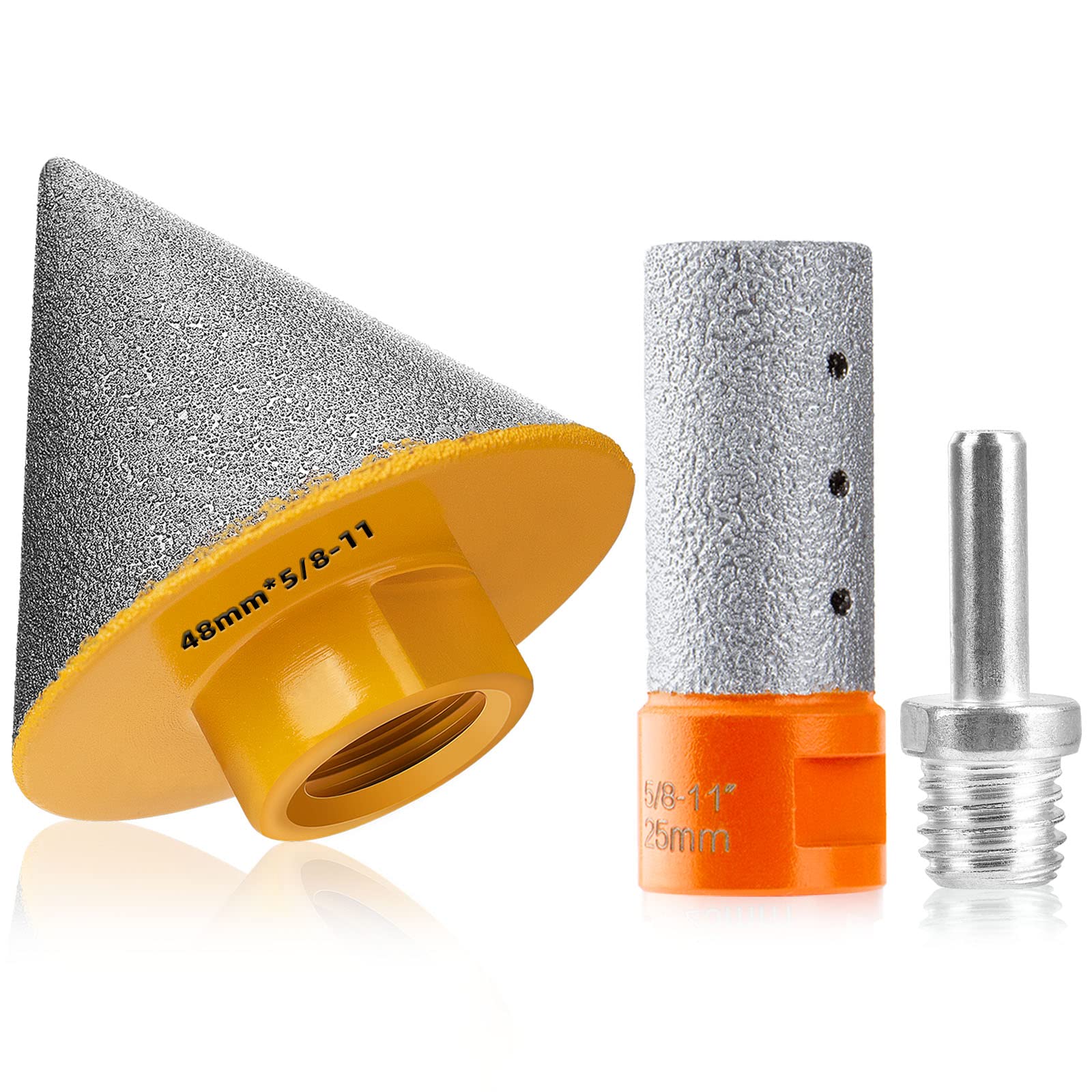 Diamond Beveling Chamfer Bits with 5/8-11" Thread Adapter, 1-7/8"(48mm) Chamfer Cone 25mm Diamond Finger Milling Bit, Diamond Countersink Drill Bit