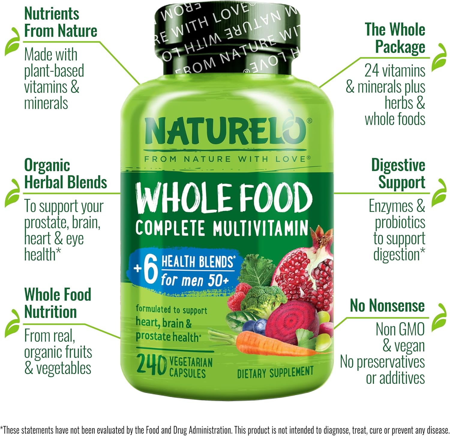 NATURELO Whole Food Multivitamin for Men 50+ - with Vitamins, Minerals, Organic Herbal Extracts - Vegan Vegetarian - for Energy, Brain, Heart and Eye Health - 240 Capsules - Image 2
