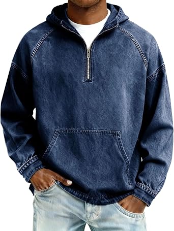 Mens Denim Shirts Long Sleeve Trendy Vintage Jean Tops with Pocket 1/4 Zip Pullover Casual Spring Hooded Sweatshirts