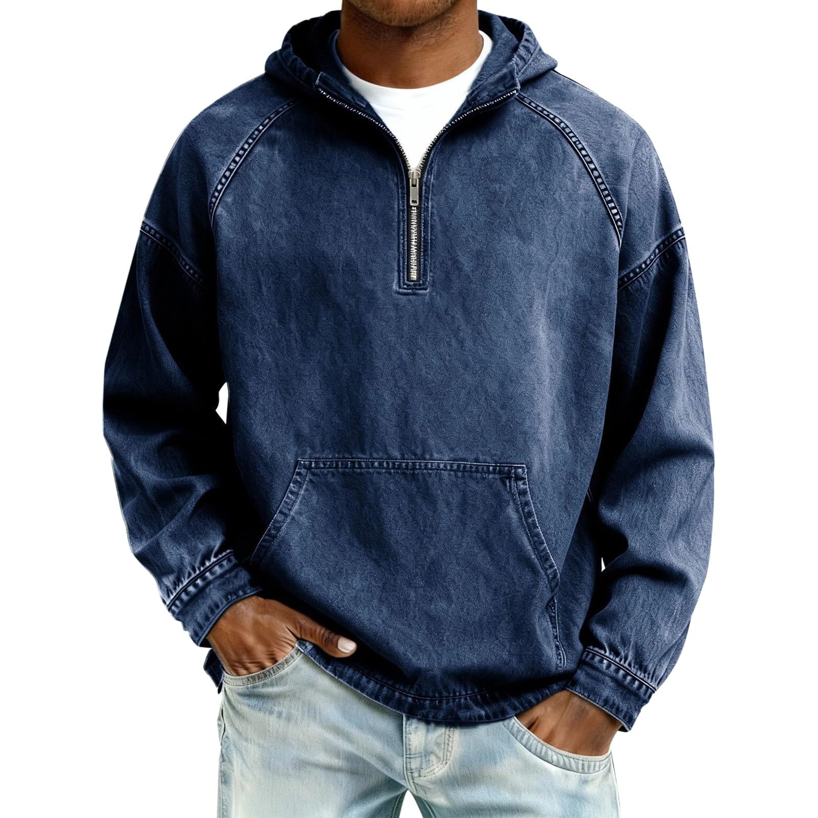 Felpa da uomo a maniche lunghe con tasca a marsupio con zip a un quarto | Felpa da uomo con cappuccio a maniche lunghe pesante con vestibilità rilassata Outdoor Smart Streetwear autunno inverno