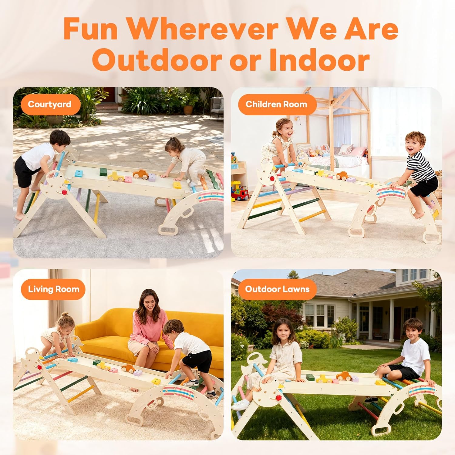 DUMOS Pikler Triangle Set, Toddler Climbing Toys and Play Structure Indoor, 9-in-1 Wooden Montessori Climbing Set with Arch, Ramp and Ladder, Foldable Baby Jungle Gym, Multicolored