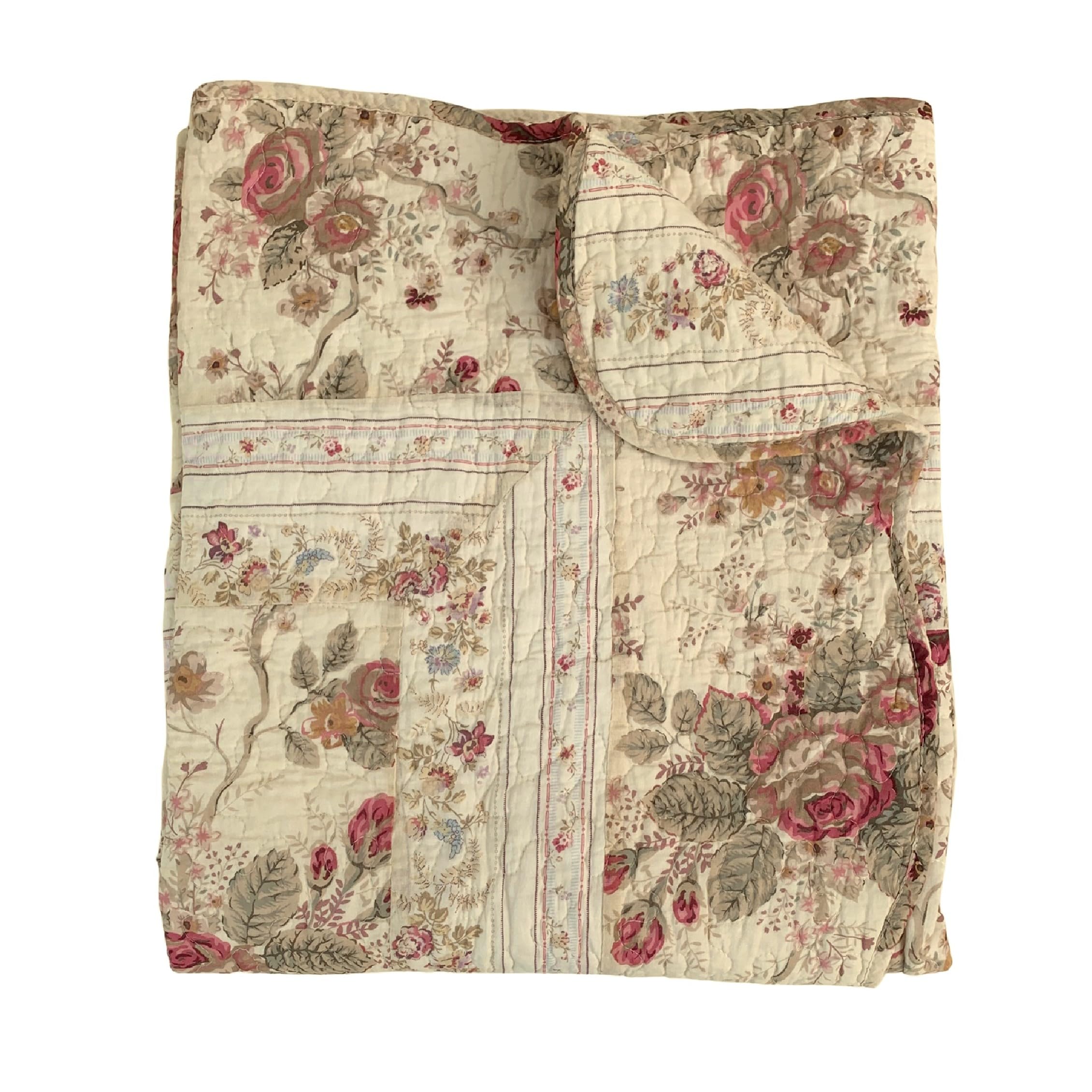 Greenland Home Fashions Antique Rose - Classic Traditional Floral - 100% Cotton Quilted Throw Blanket, 50 x 60 inches, Ecru