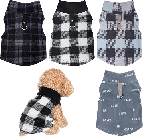 Rbenxia Suéteres de perro a cuadros de búfalo de 4 piezas con anillo para correa, chaleco de forro polar suave, chaqueta cálida para perro, ropa de