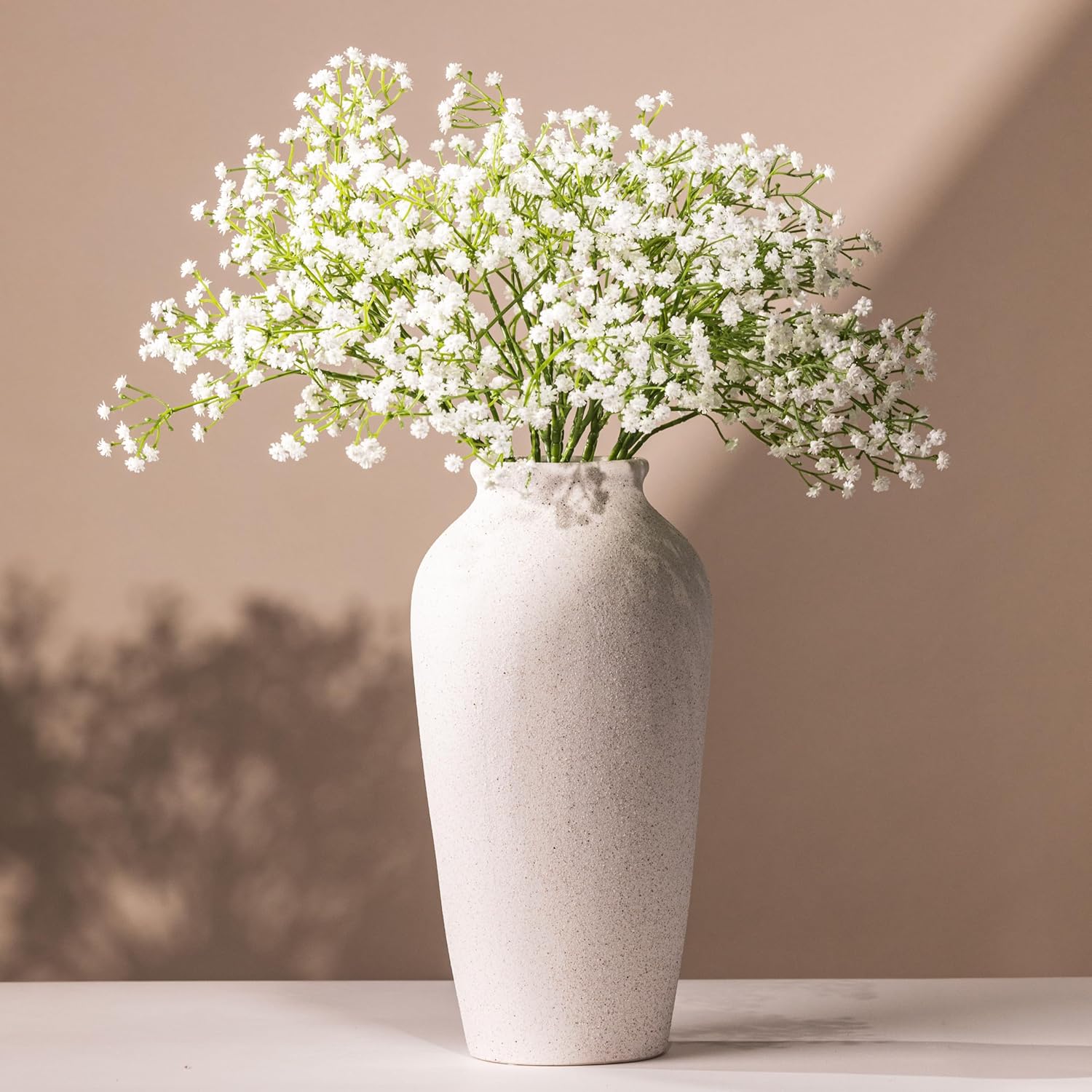 Laurel&Vine 12" Tall White Ceramic Vase, Speckled Textured Minimalist, with 15 Stems of 22" Faux Artificial White Babys Breath, Farmhouse Console Centerpiece Decor, Real Touch Fake Flowers in Vase