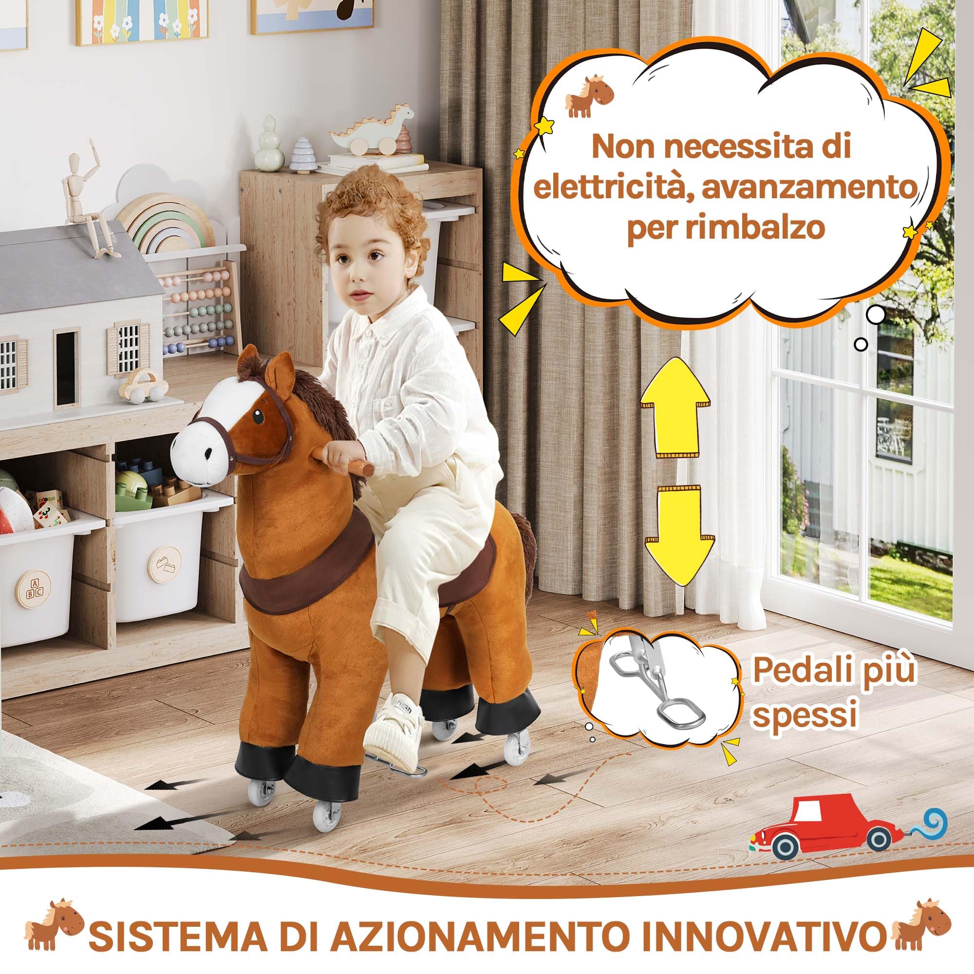 WOLTU Cavallo a Dondolo su Ruote per Bambini, Cavalluccio Cavalcabile in Peluche con Suoni, per Interni ed Esterni, Giocattolo da 4 Anni, Struttura in Legno e Metallo, Marrone