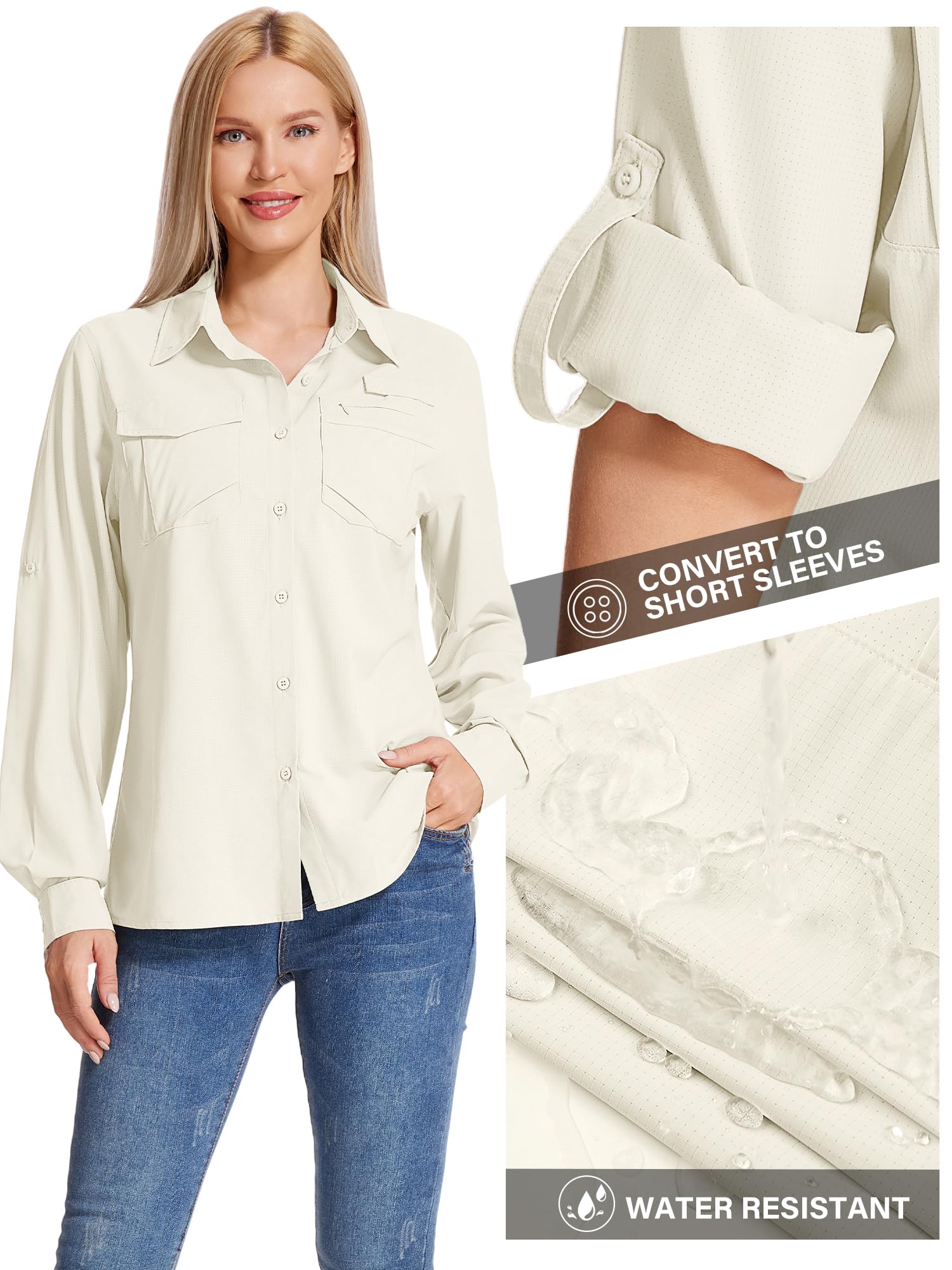 Camisa Safari para mujer, protección solar UPF 50, secado rápido, manga larga, senderismo, pesca, viajes al aire libre