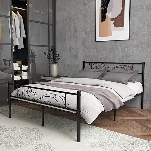 Miniatura 4 de Weehom Base de cama de metal con cabecero y estribo, no necesita somier, plataforma completa, color negro