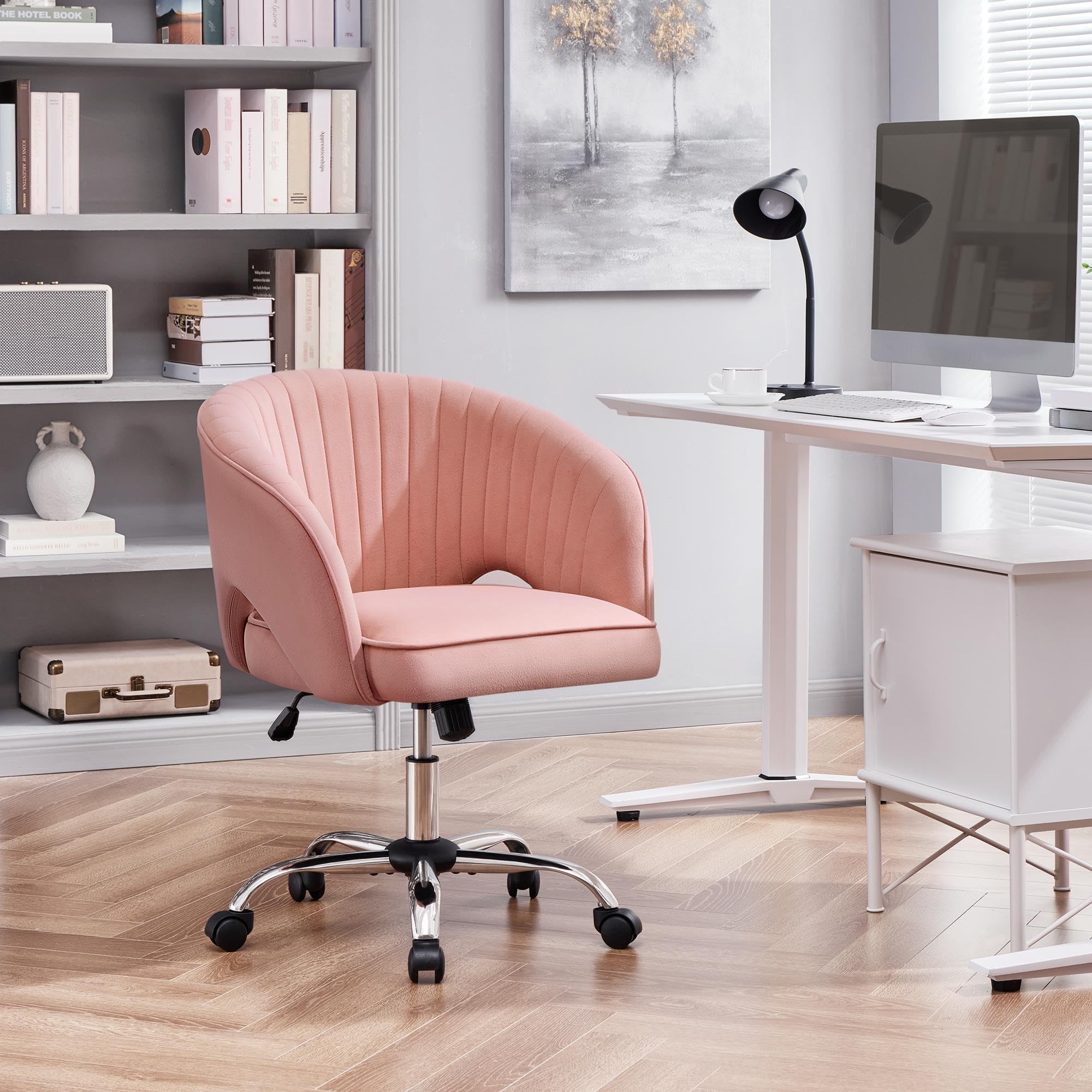 Yaheetech Fauteuil de Bureau en Velours avec Dossier Capitonné Arrondi Pivotant à roulettes Assise Réglable en Hauteur pour Chambre Bibliothèque Salon Rose