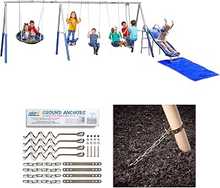 Fun Forever Plus with 6' Water Slide and Ground Water Tarp - 8 User Metal Swing Set with 4-Piece Auger Style Ground Anchors Kit Included by XDP Recreation