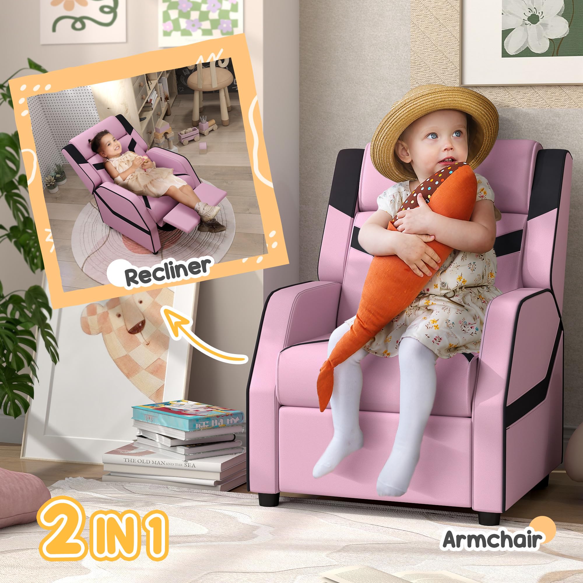 AIYAPLAY Sillón reclinable para niños, 2 en 1 Sillón reclinable para juegos de niños con respaldo, reposabrazos, reposapiés, de salón de cuero de PU para sala de juegos, dormitorio, habitación