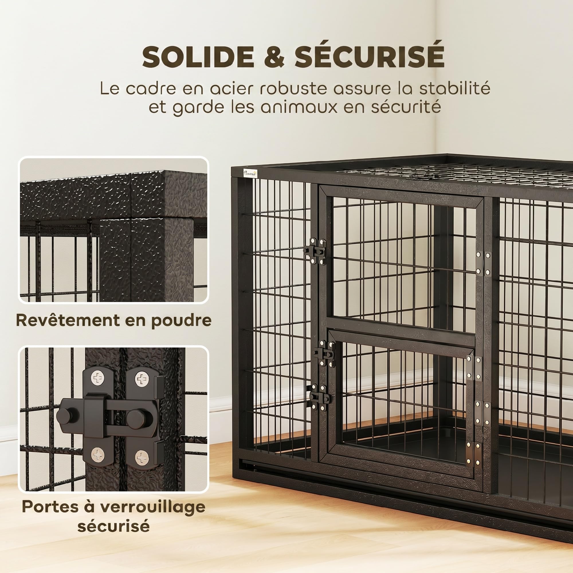 PawHut - Jaula para perro resistente de acero con tubos cuadrados, para interior con techo corredizo y puerta de alimentación, jaula de metal, 94 x 60 x 64 cm, para border Collie y perro mediano