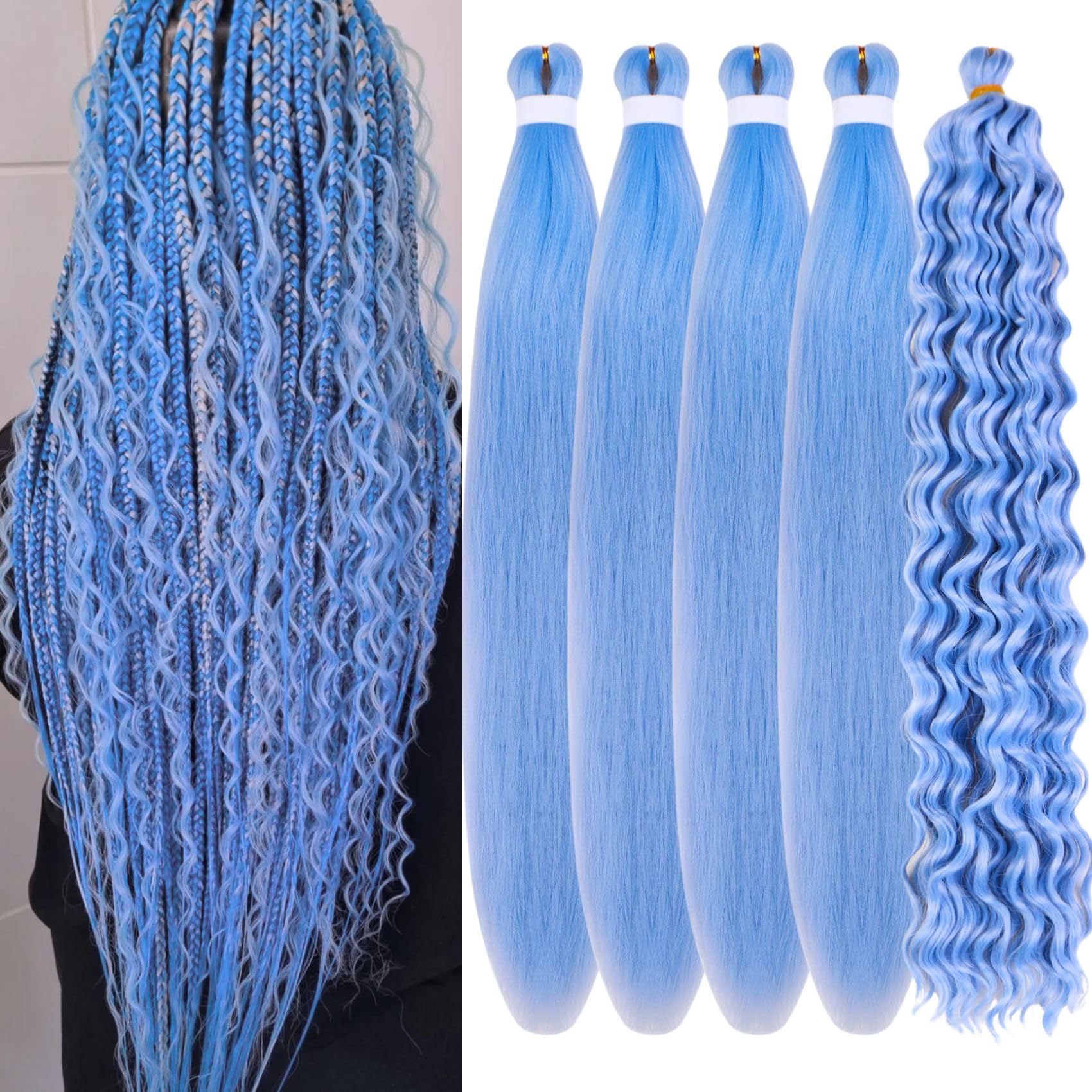 Baby Blue Braiding Hair Pre Stretched for Boho Braids Synthetic Prestretched EZ Braiding Hair for Knotless Box Braids (Total 5 Packs)