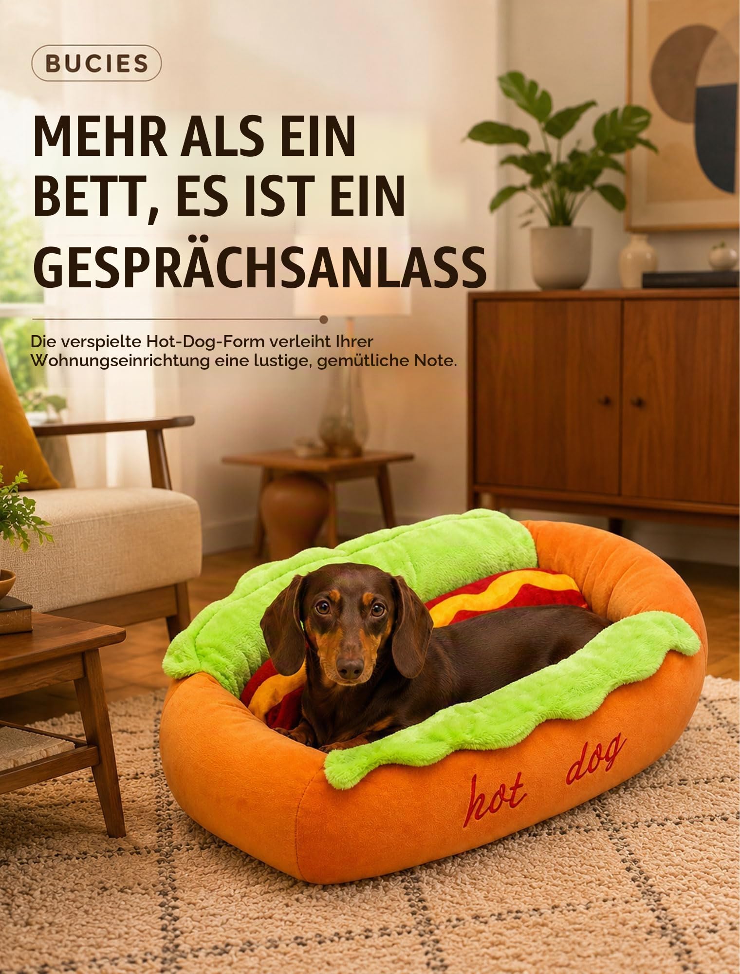 Pealeaf Hot Dog Hundebett für kleine Hunde und Katzen, niedliches Plüsch Haustierbett mit herausnehmbarem waschbarem Kissen, warmes Schlafnest für Dackel und Welpen (M)
