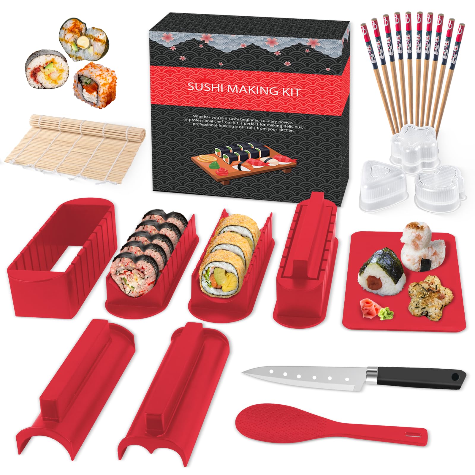 SKYSER Sushi Maker set Teller, 20 Artikel Kit für Anfänger zum selber machen, Kann als Sushiteller verwendet werden mit Reis Roll Formen, Gabel, Messer, Rolling Matte, Stäbchen, Komplett(Rot)