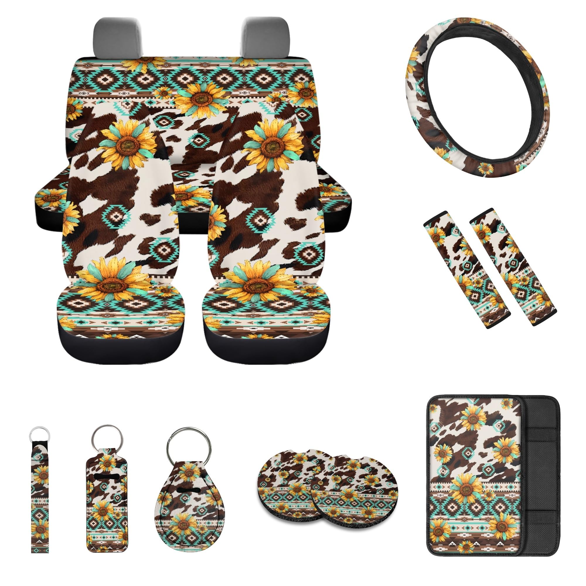 Quelytytrip Sunflower Cow Aztec Print Car Seat Covers Full Set with Steering Wheel Cover Seatbelt Pads Armrest Pads Coaster Keychain,Brown Cow