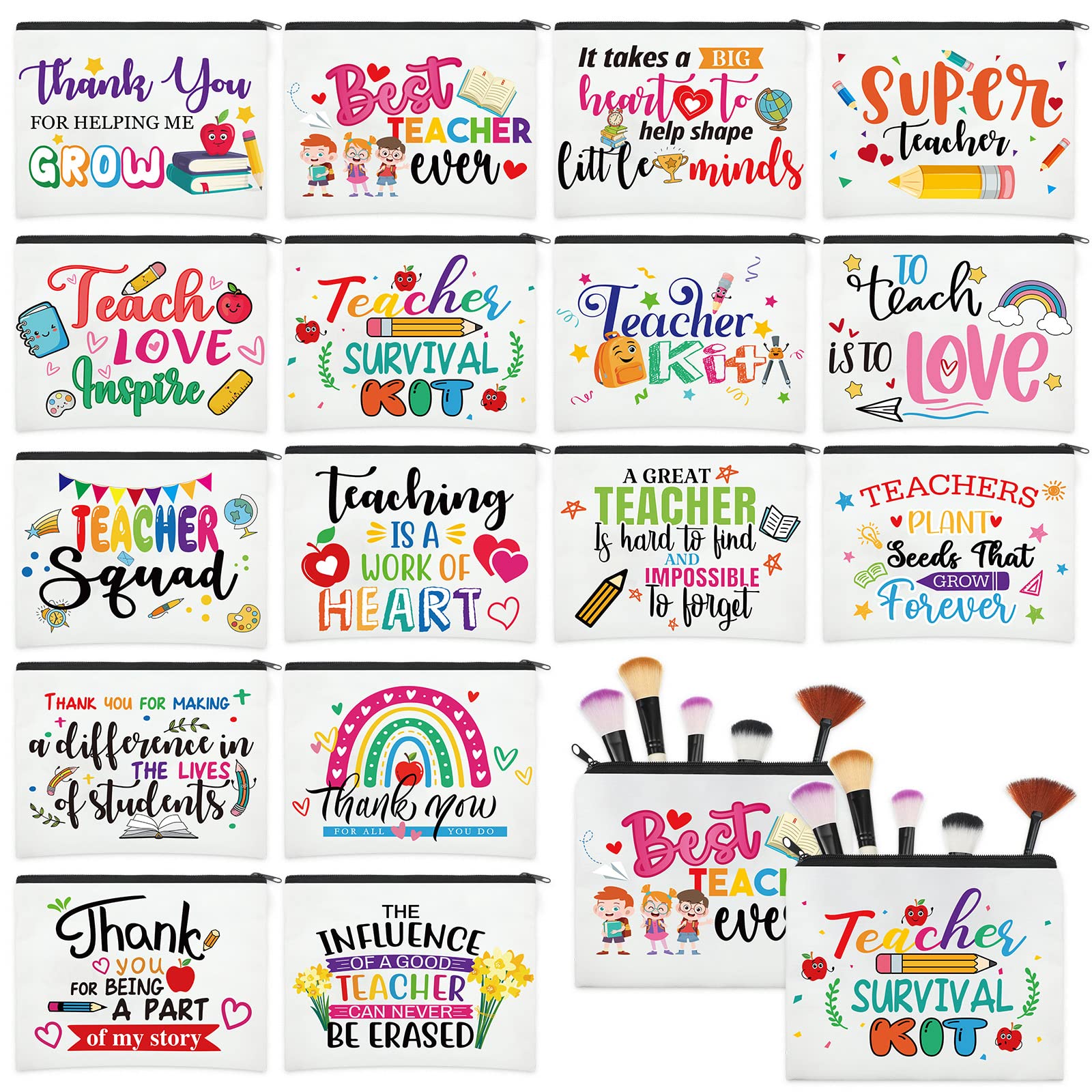 Hillban 32 Pieces Teacher Back to School Gifts Teacher Appreciation Gifts Women Cosmetic Makeup Bag Funny Pencil Pouch for Graduation Birthday(Cute)