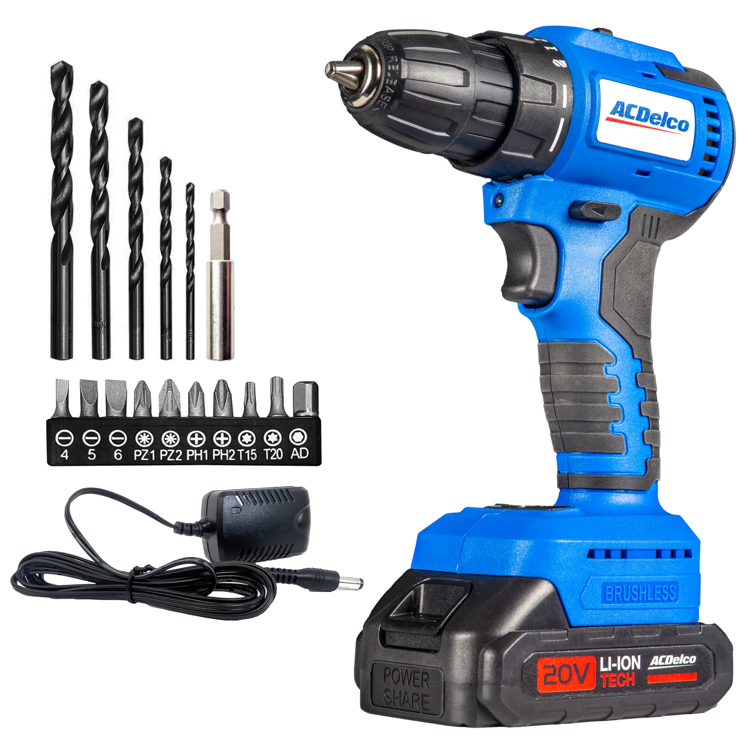 ACDelco Wiertarko-wkrętarka akumulatorowa 20 V, 20 V z akumulatorem 1500 mAh, 2-biegowa przekładnia, silnik bezszczotkowy 1300 obr./min, 32 Nm + 21 poziomów momentu obrotowego, światło LED,