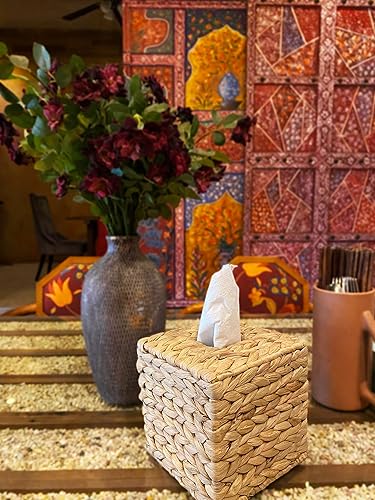 Miniatura 7 de Funda cuadrada para caja de pañuelos de hierba marina, rústica decorativa de mimbre para caja de pañuelos de jacinto de agua, cubierta cuadrada para