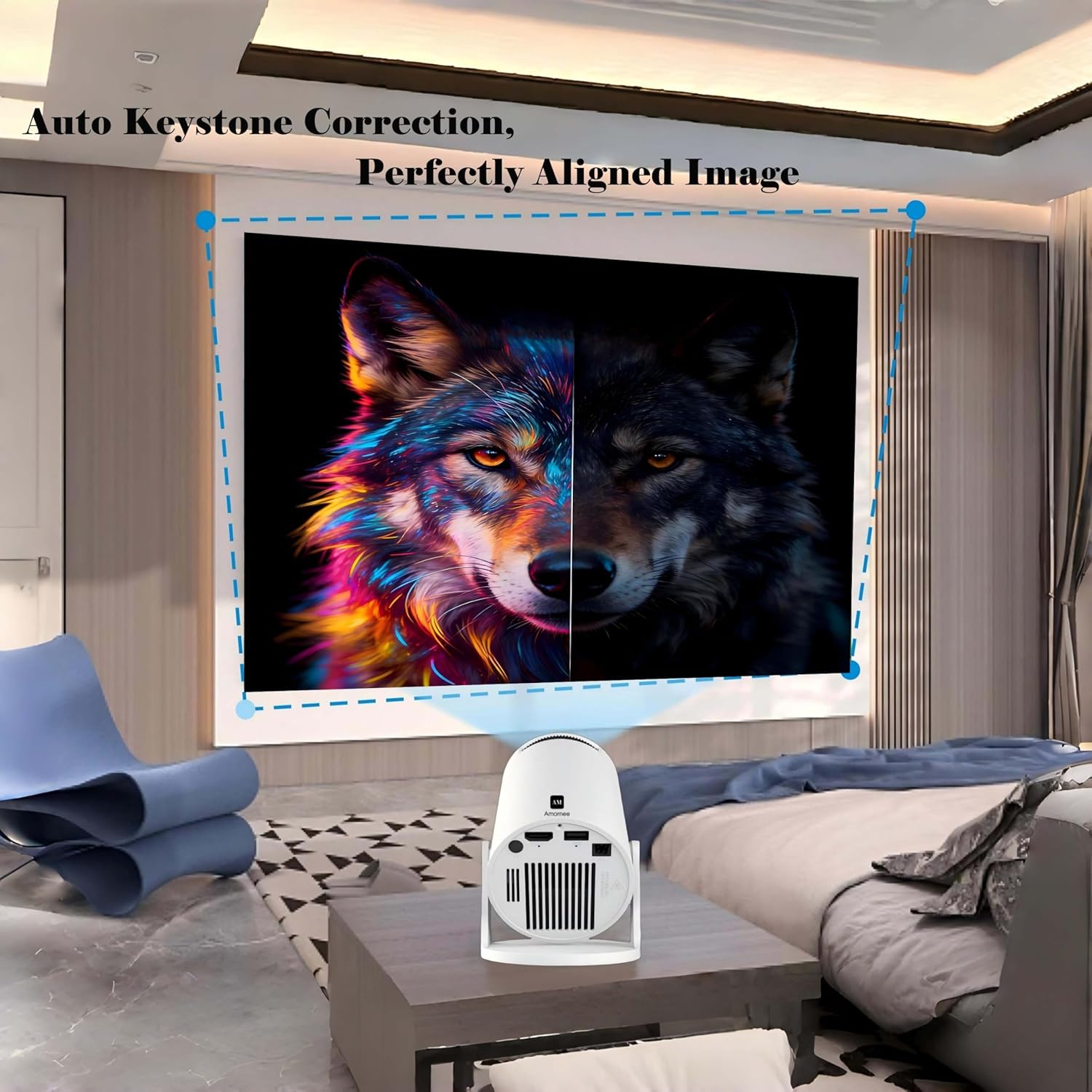 Smart Short Throw Projector with WiFi and Bluetooth, 210° Rotatable Mini Projector with Android System, Built-in Apps, Auto Keystone, Portable Ceiling Movie Projector for Bedroom & Outdoor Use