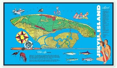 Antiguos Maps Vintage Jekyll Island Georgia Tourist Map Art Print, Atlantic Ocean Wildlife Paradise Guide circa 1960, Nautical Coastal Wall Decor (24 x 42 inches)