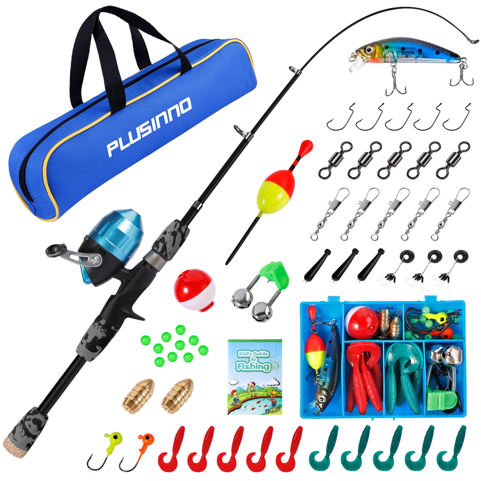 PLUSINNO Kids Fishing Pole with Spincast Reel Telescopic Fishing Rod Combo Full Kits for Boys, Girls, and Adults