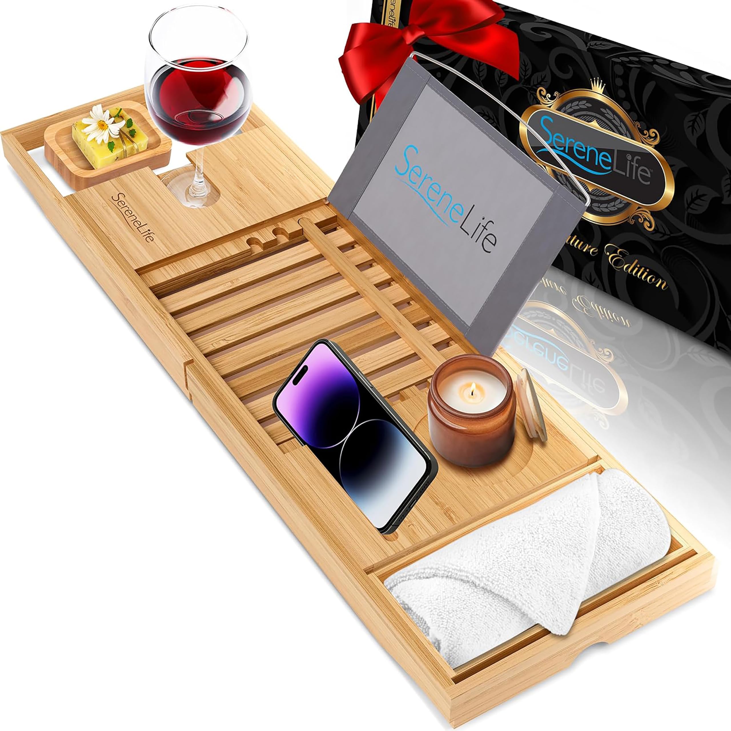 SereneLife Bandeja para bañera, Bambu, Extensible, Ajustable, Baño, Soporte para Copa de Vino, Libro, Movil, Tablet