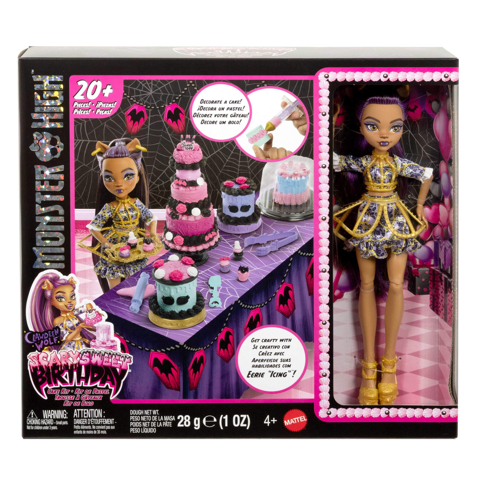 Monster High Kit Gâteau d’Anniversaire Monstrueusement Mémorable Clawdeen Wolf, coffret de jeu autour de la décoration de gâteaux, avec 20 accessoires dont un glaçage monstrueux, JBG78