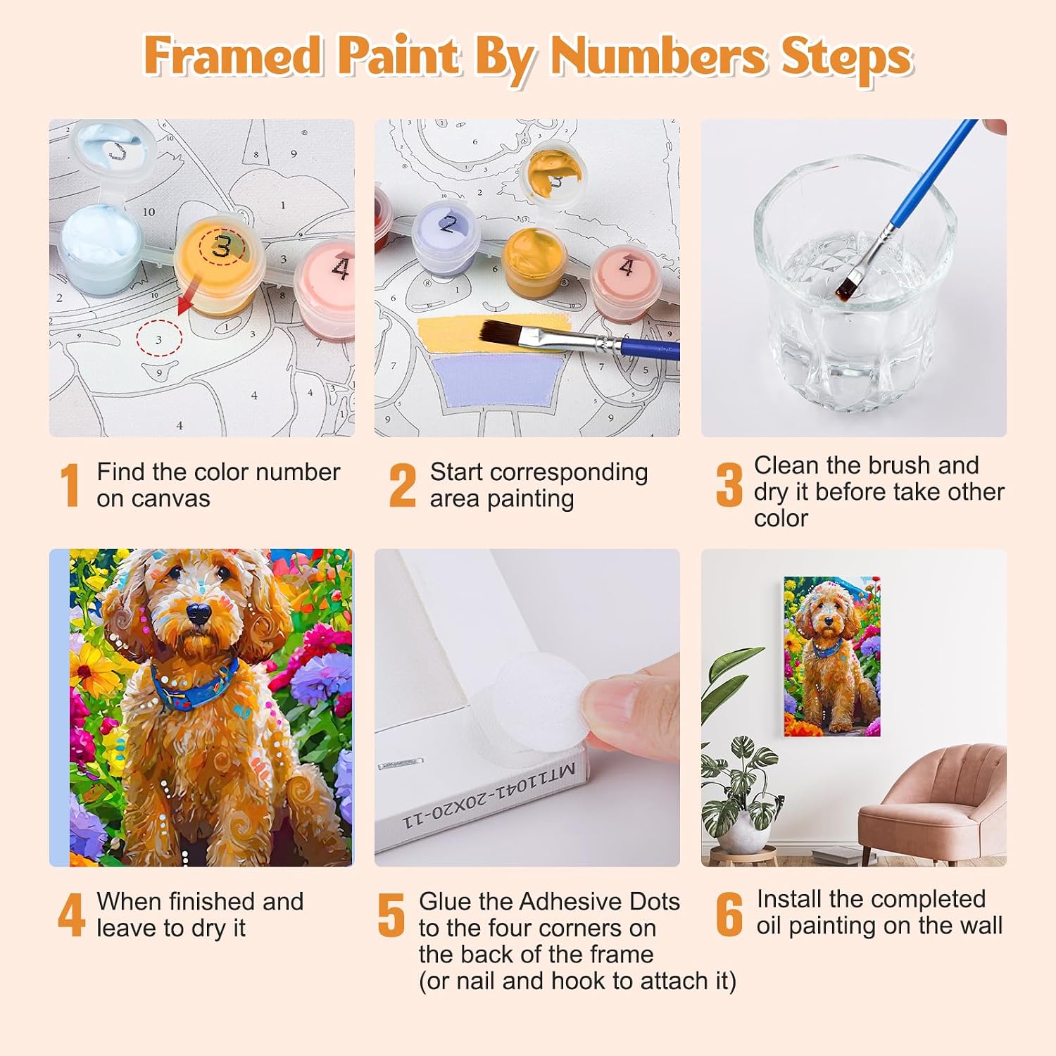 GHHKUD Dog Paint by Numbers Kits for Adults with Frame, DIY Paint by Colors Adults Kids Garden Flowers, Framed Painting Numbers on Canvas Gifts for Home Decor 20x30cm image 5
