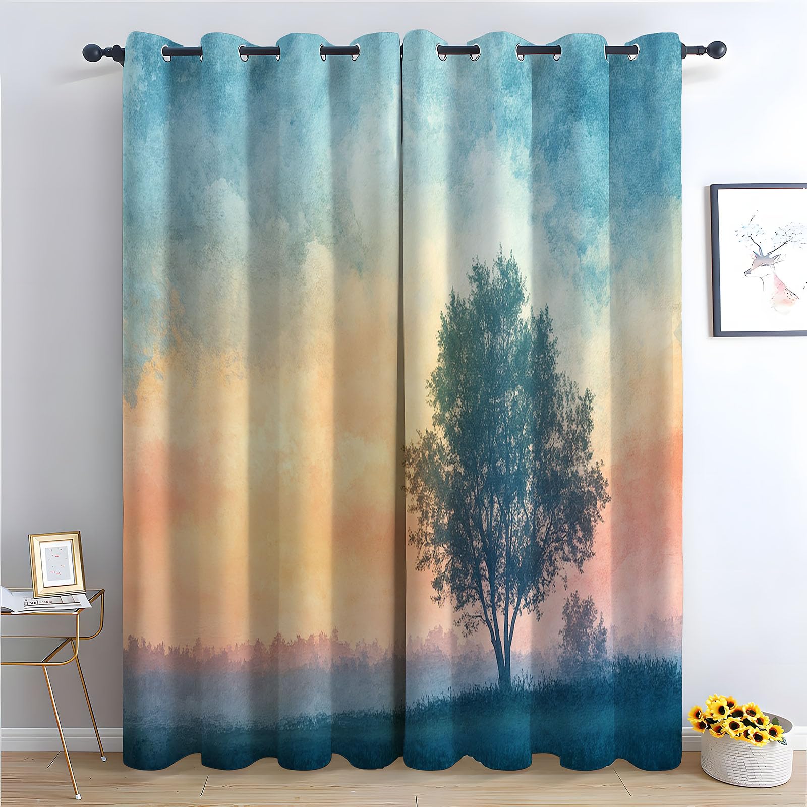 Rideaux occultants anti-froid et chaleur de salon arbre aquarelle