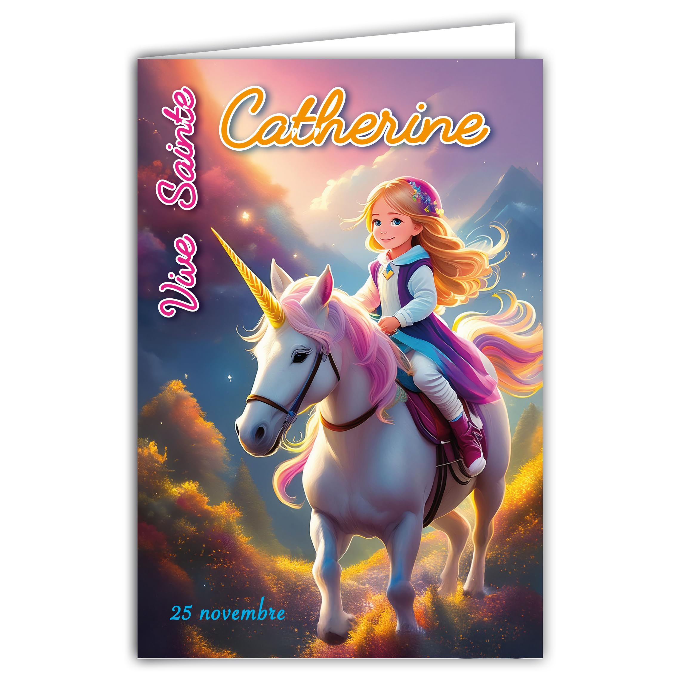 68-1356 Greeting Card Saint Catherine 25 November Wish a Happy Birthday to a Young Girl Rider Horse Riding Unicorn Fantasy Horse with White Envelope 12 x 17 cm
