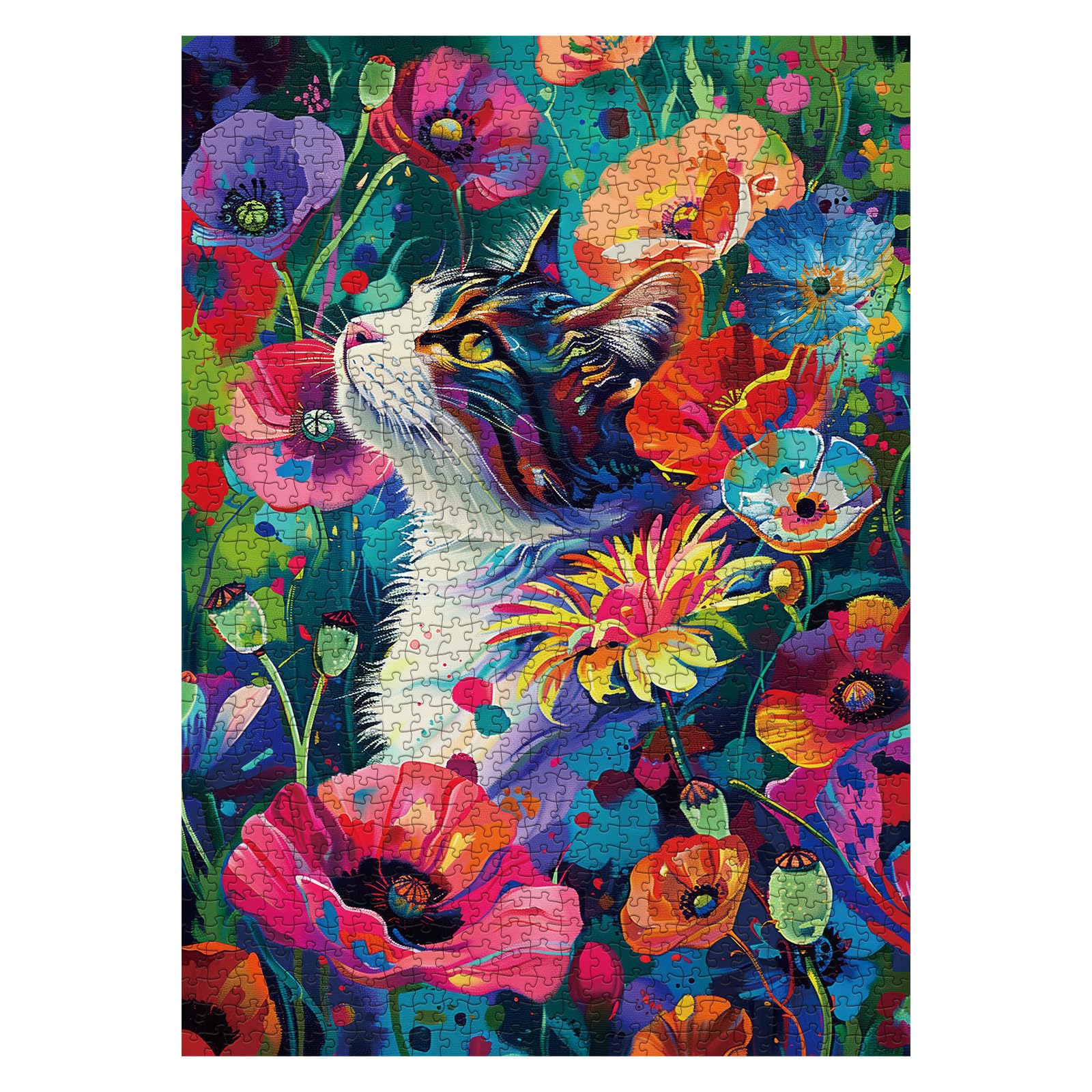Colorful Flower Cat Puzzles for Adults 1000 Pieces, Painting Art Fun Animal Jigsaw Puzzles, Beautiful Spring Plant Floral Cute Puzzle