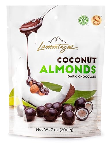 Lamontagne Almendras de coco de chocolate oscuro, caja de 3 bolsas, sin gluten, sin maní y sin aceite de palma