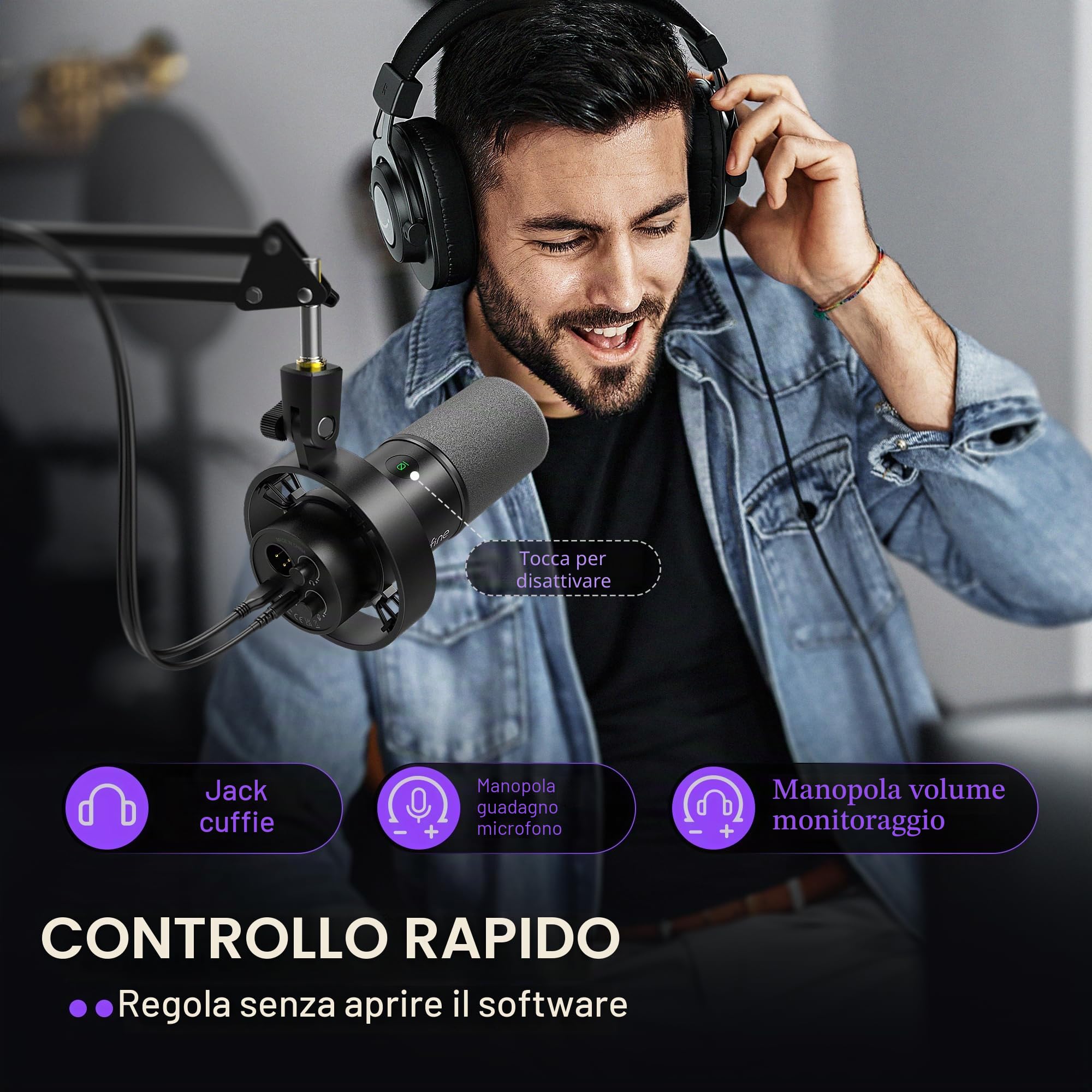 FIFINE K688 Kit microfono podcast, microfono dinamico USB/XLR con braccio braccio per mixer PC/XLR, microfono da gioco con pulsante mute, jack per cuffie per voce, voice-over, streaming, registrazione