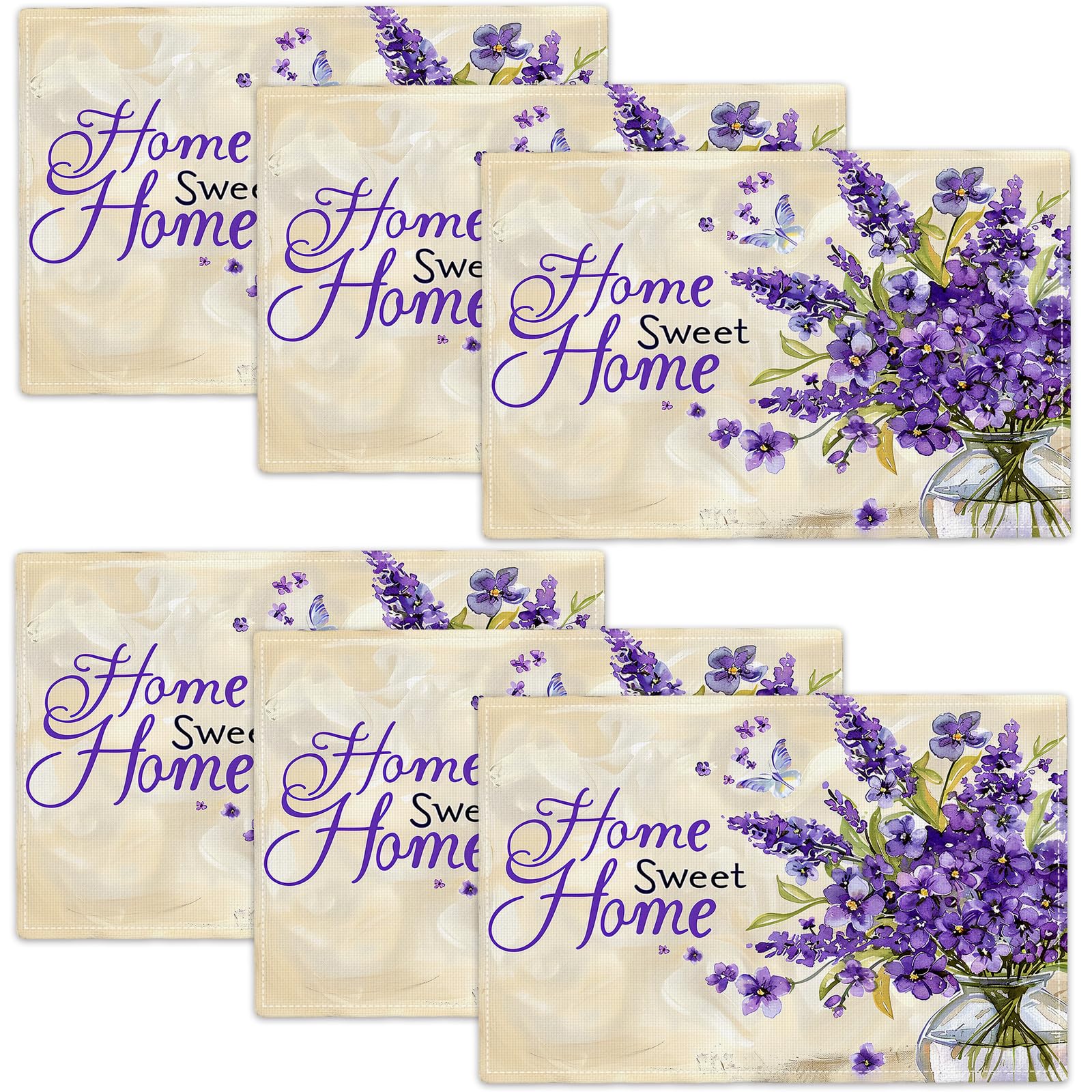 Lavender Placemats Set of 6 Purple Flower Butterfly Table Mats Home Sweet Home Place Mats 12x18 Inch for Party Kitchen Dining Restaurant Decoration