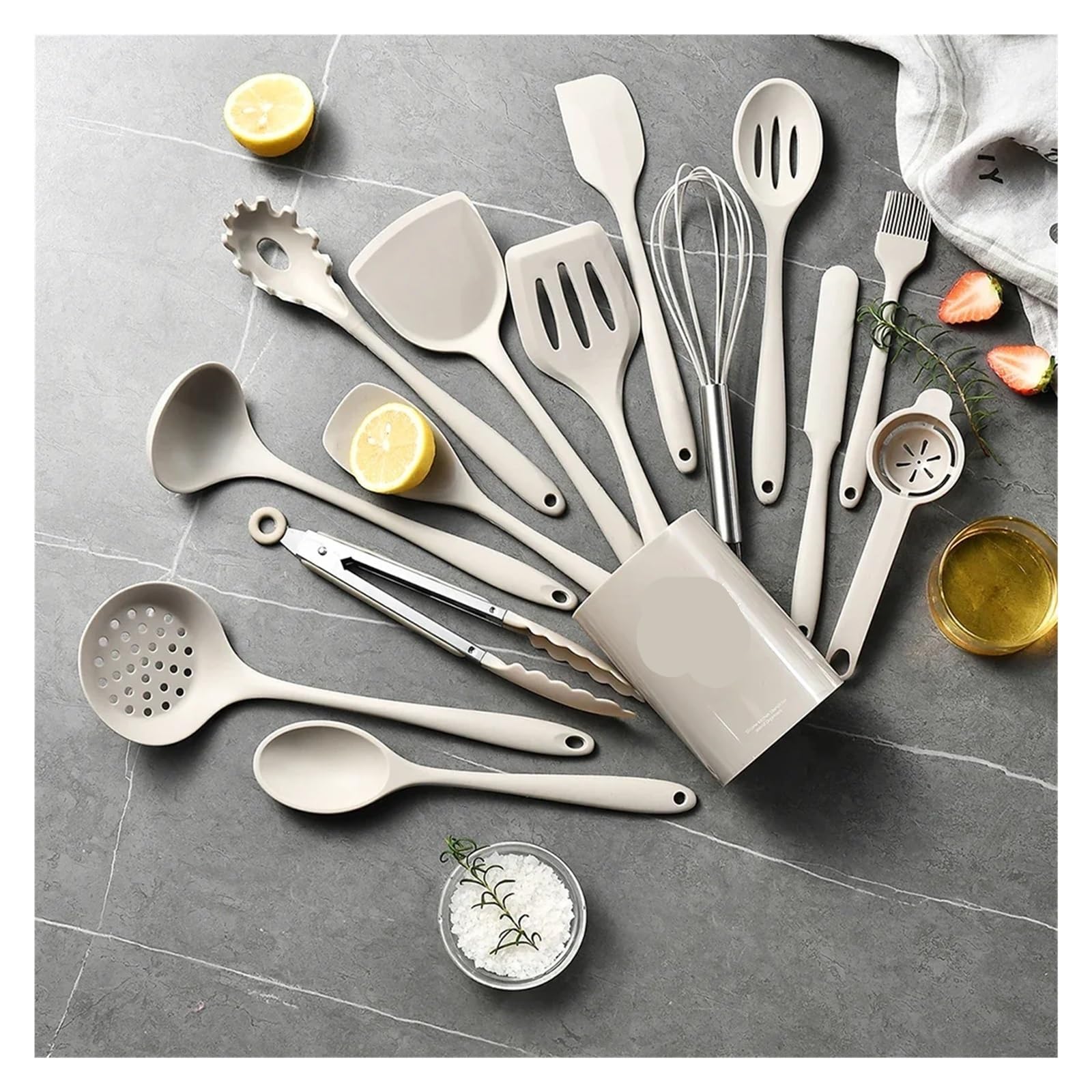 Set d'ustensiles de cuisine en silicone Ustensiles de cuisine en Silicone kaki qualité alimentaire, ustensiles, spatule tournante, cuillère à soupe, pratique 15 pièces(Khaki)