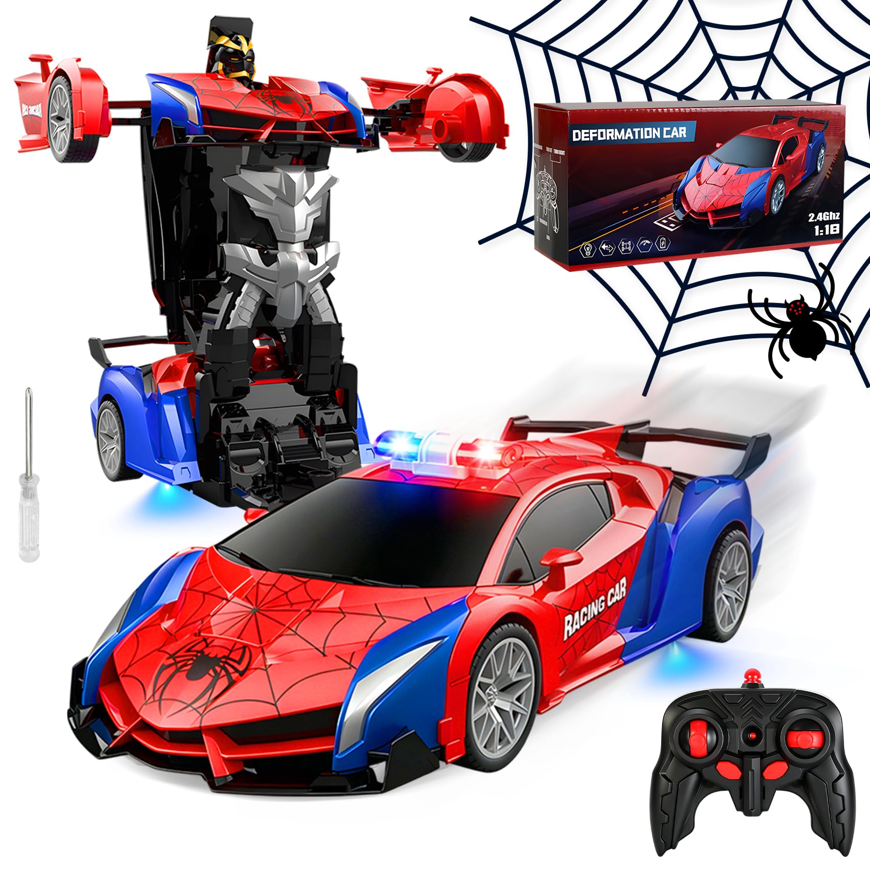 Coche Araña Transformable A Robot Con Luces LED – 2 En 1, Mando 2.4 GHz, Para Niños A Partir De 3 Años