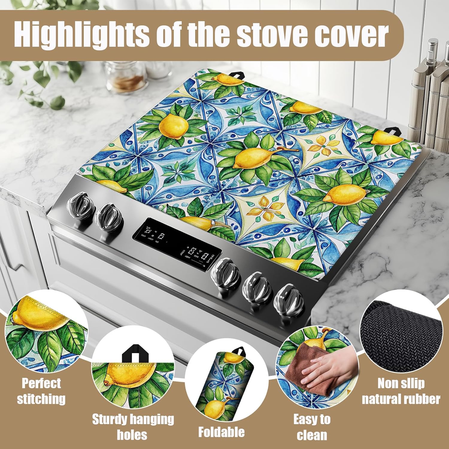 Watercolor Lemon Stove Top Covers for Electric Stove, Blue Tile Electric Gas Stove Pad Heat Resistant Range Cooktop Protector for Home Decor Kitchen 28"x20"