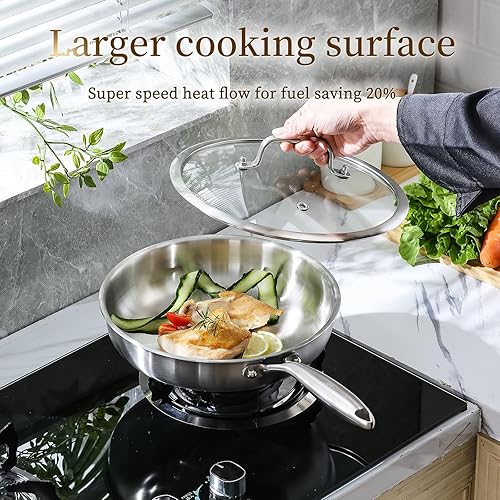 Miniatura 6 de DELARLO Juego de sartenes de acero inoxidable de tres capas, 9 pulgadas11 pulgadas, sartenes de cocina, juego de utensilios de cocina de cocina,