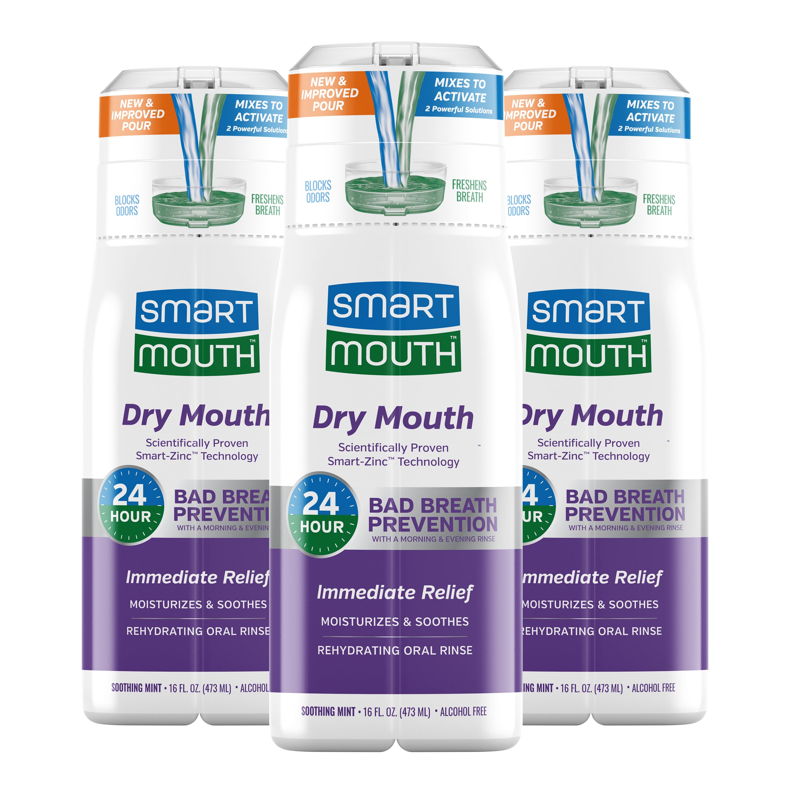 SmartMouth Dry Mouth Activated Rehydrating Mouthwash, 16 fl oz Bottle, 3 pack