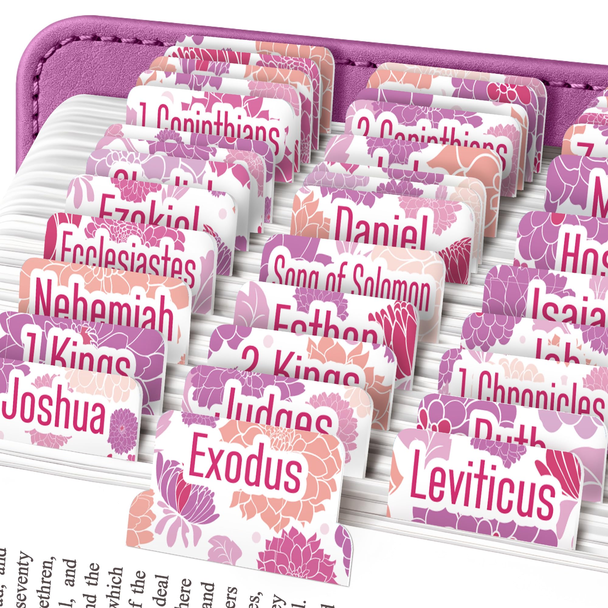 Purple & Pink Dahlias Floral Bible Tabs for Women – Laminated Large Print Flower Pattern Index Tabs, 80 Old & New Testament Scripture Tabs with Easy-Apply Guide, Cute Durable Book Tabs for Bible Study