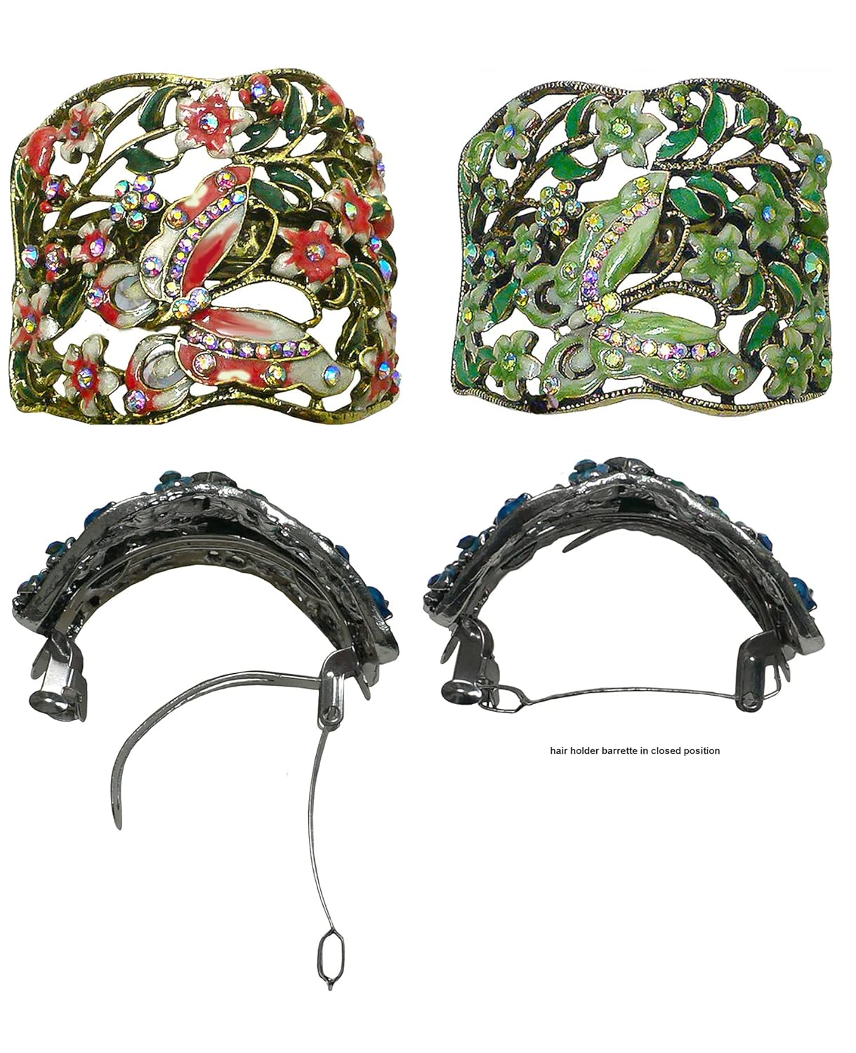 Set of 2 Crystal Butterfly Hair Holder Barrettes Ponytail Hair Barrettes for Women Girls YY86900-4-2siennaGreen