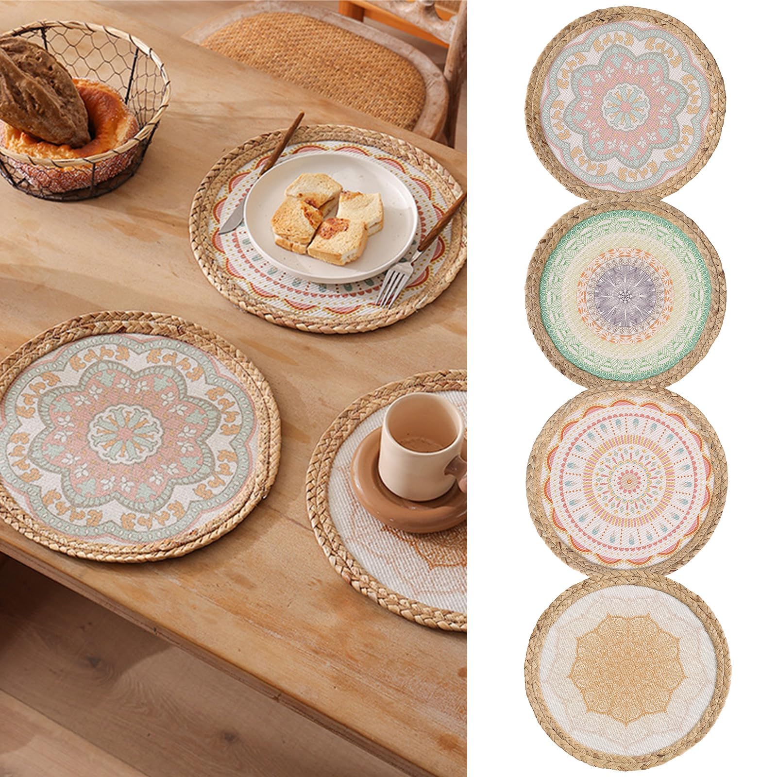 KASTWAVE Set of 4 Boho Chic Water Hyacinth Placemats, Handcrafted, Heat, Resistant Dining Table Mats, Rustic Vintage Washable Place Mats for Home, Party, Banquet & Coffee Bar Decor